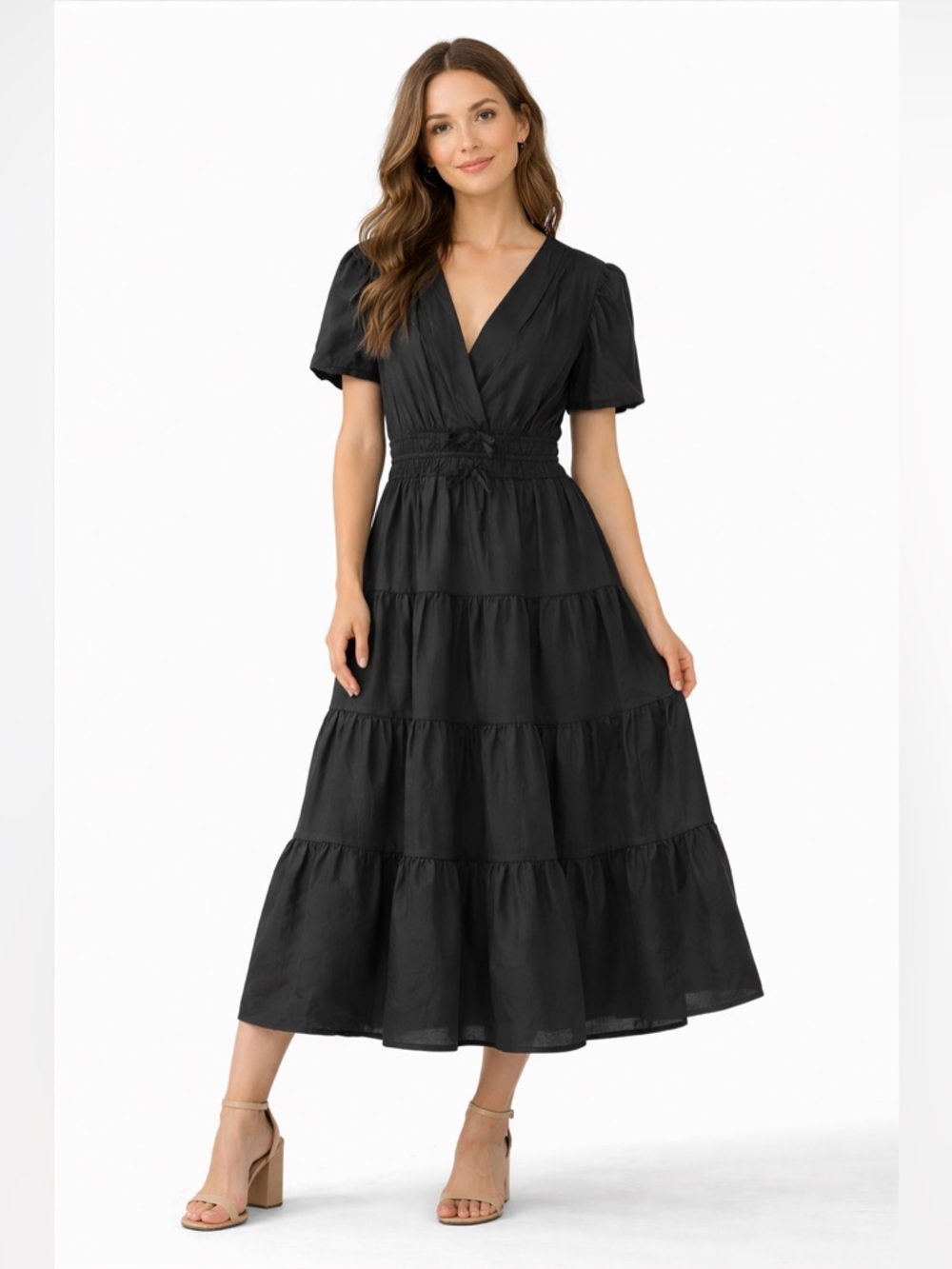 Meadow Rhodes Black Tiered Midi Dress Puff Sleeve Boho Cottagecore Size S